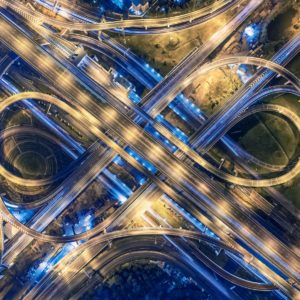 Road beautiful Aerial View of Busy Intersection at Night , top view , thailand .