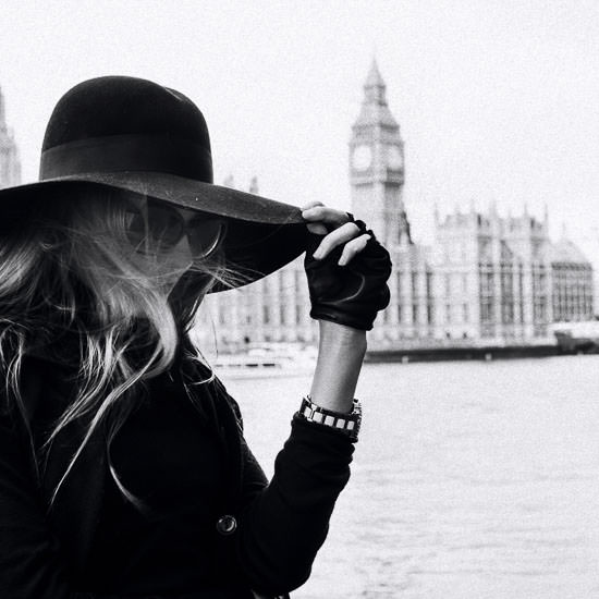 Young sexy woman in London city. black and white photo grain added