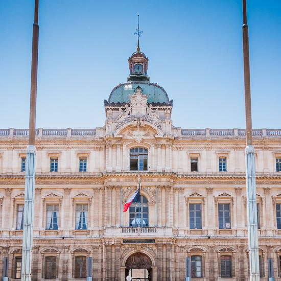 The prefecture building of the Bouches-du-Rhône department, in Marseille on a perfect cloudless day.