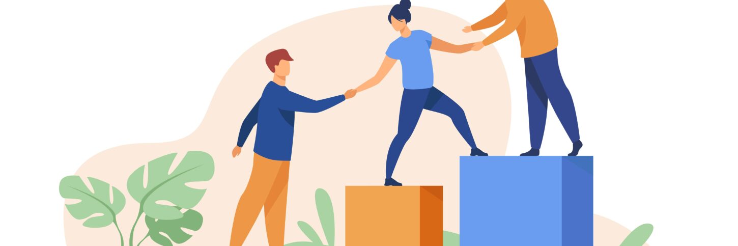 Employees giving hands and helping colleagues to walk upstairs Image montrant des personnes en train de s'aider