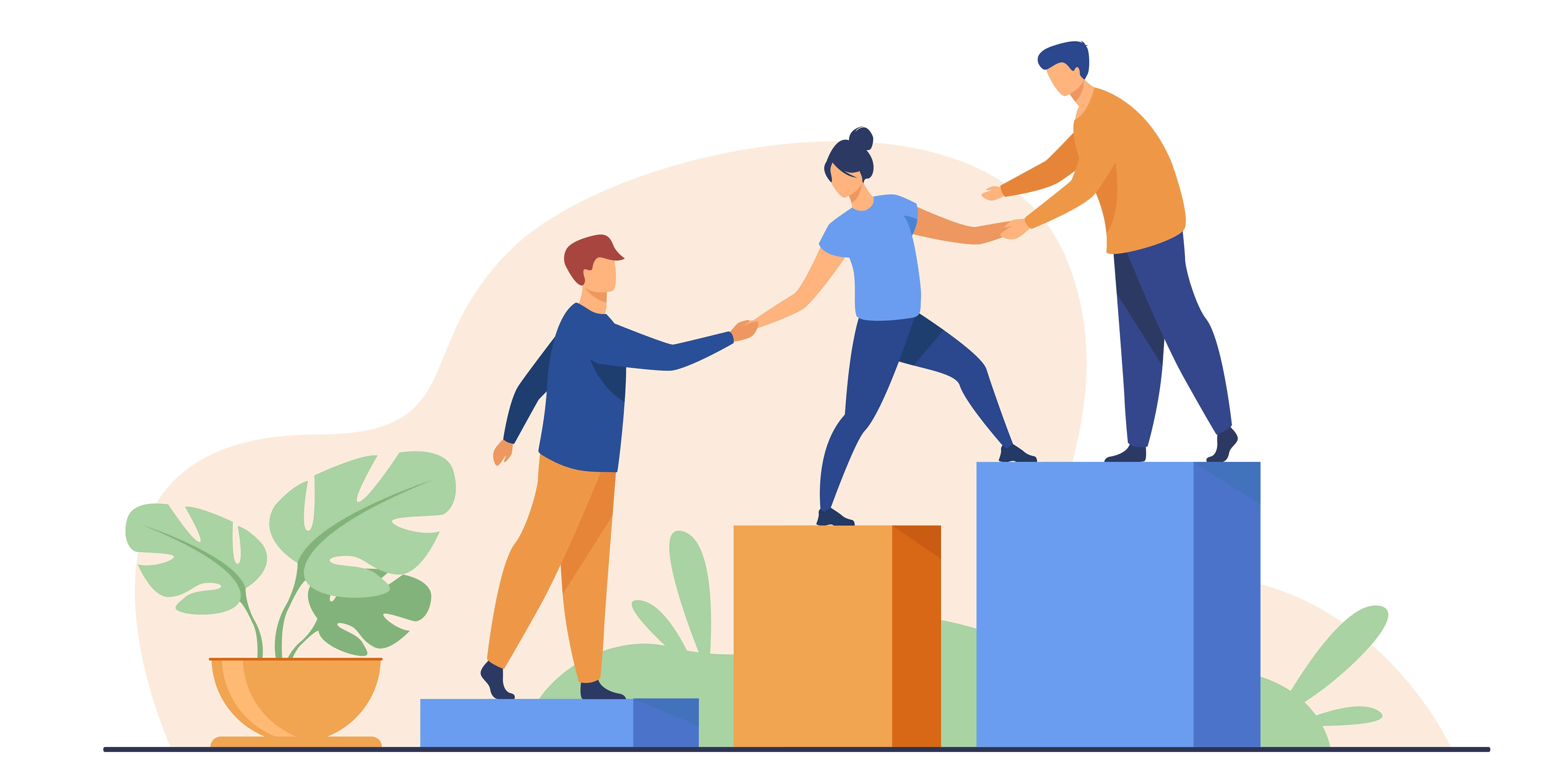 Employees giving hands and helping colleagues to walk upstairs Image montrant des personnes en train de s'aider